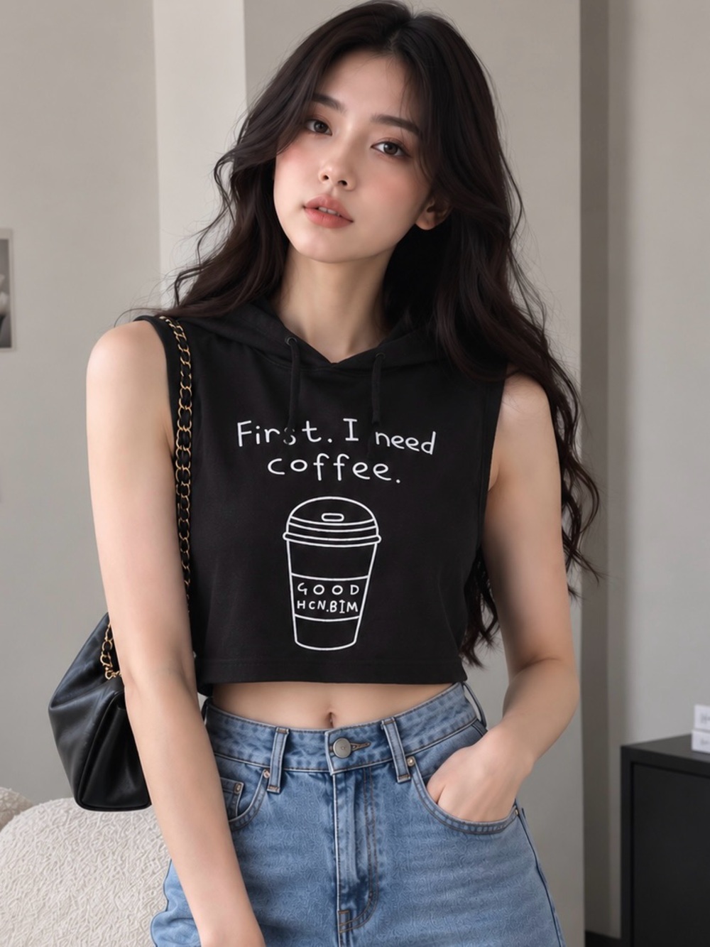 Black “First I Need Coffee” Sleeveless Cropped Hoodie Top